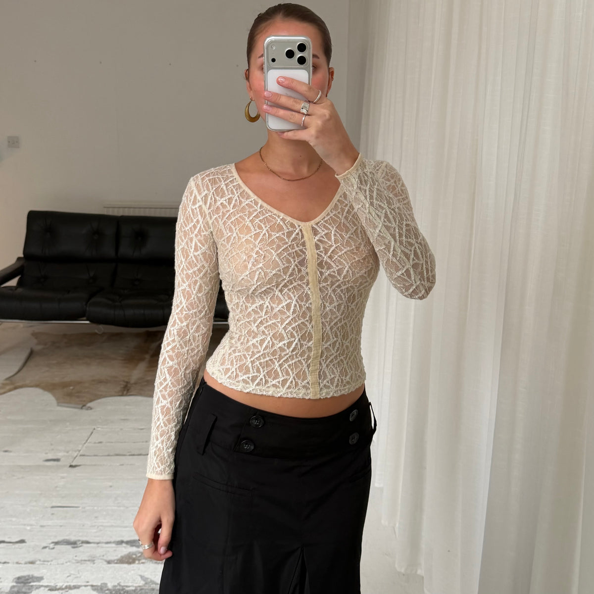 Cream Lace Mesh Long Sleeve Top