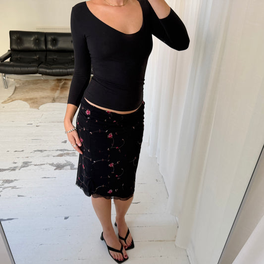 1990s Floral Embroidered Mesh Midi Skirt