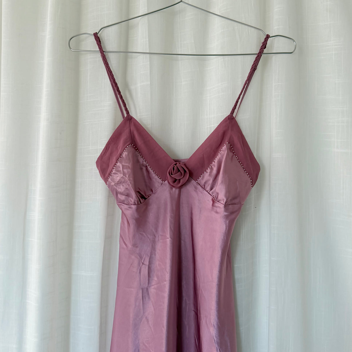 Pink Satin Rosette Mini Slip Dress