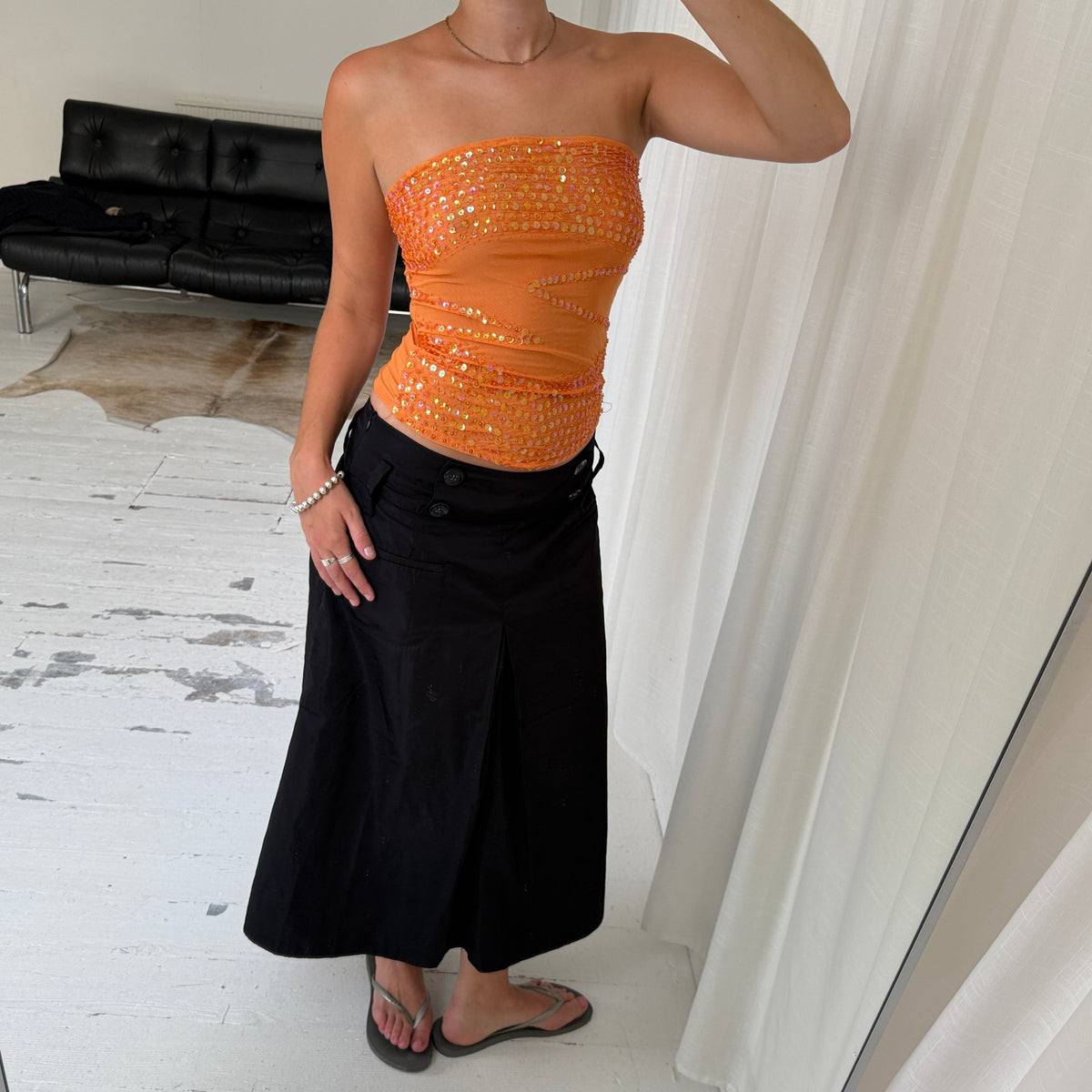 Orange Sequin Mesh Bandeau Top