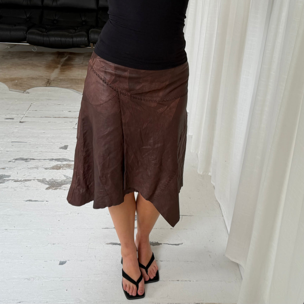 Brown Leather Asymmetric Midi Skirt