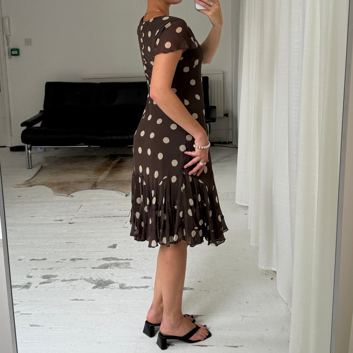Brown Polka Dot Silk Midi Dress