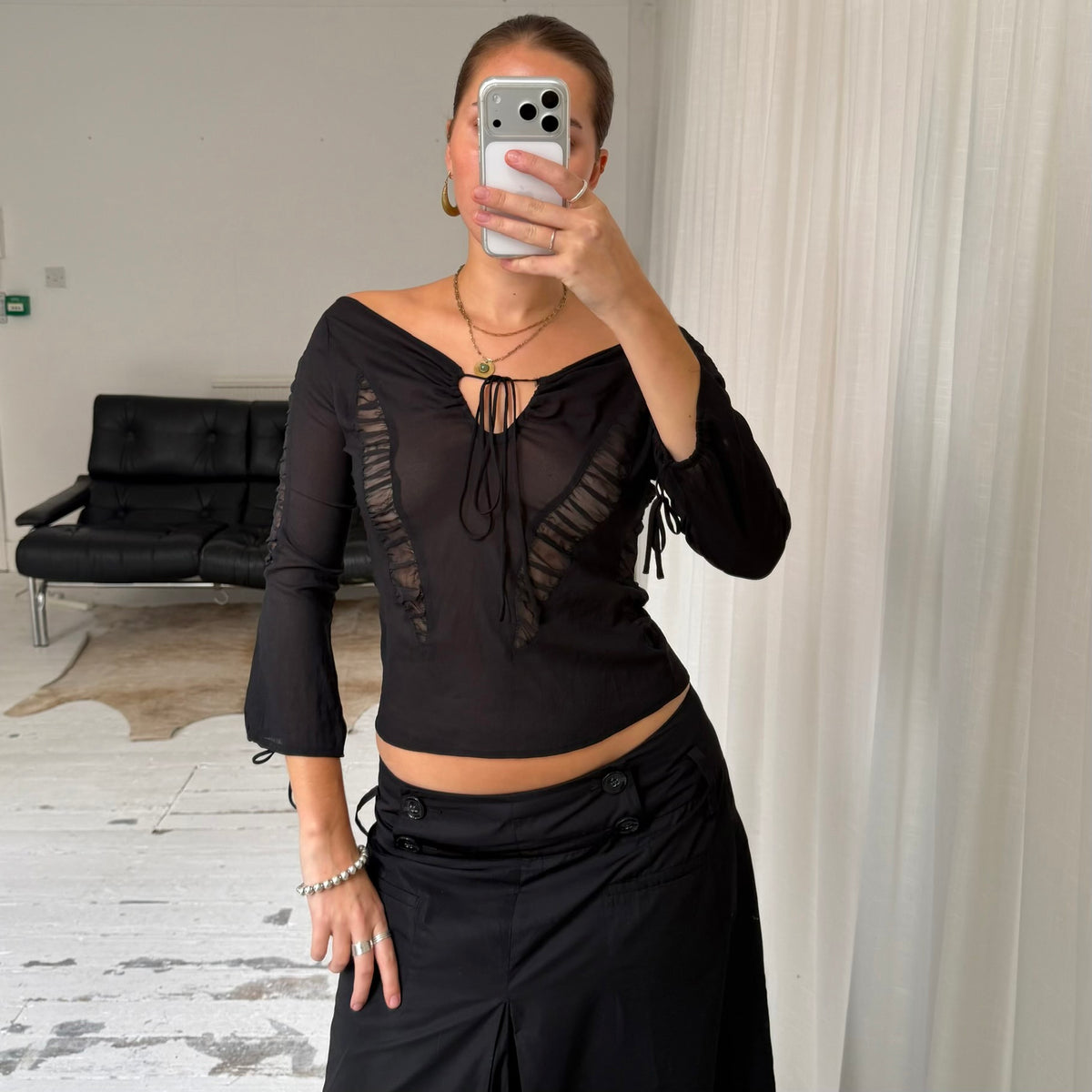 Black Ruched Sheer Mesh Top
