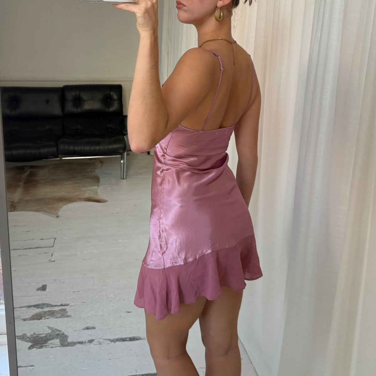 Pink Satin Rosette Mini Slip Dress
