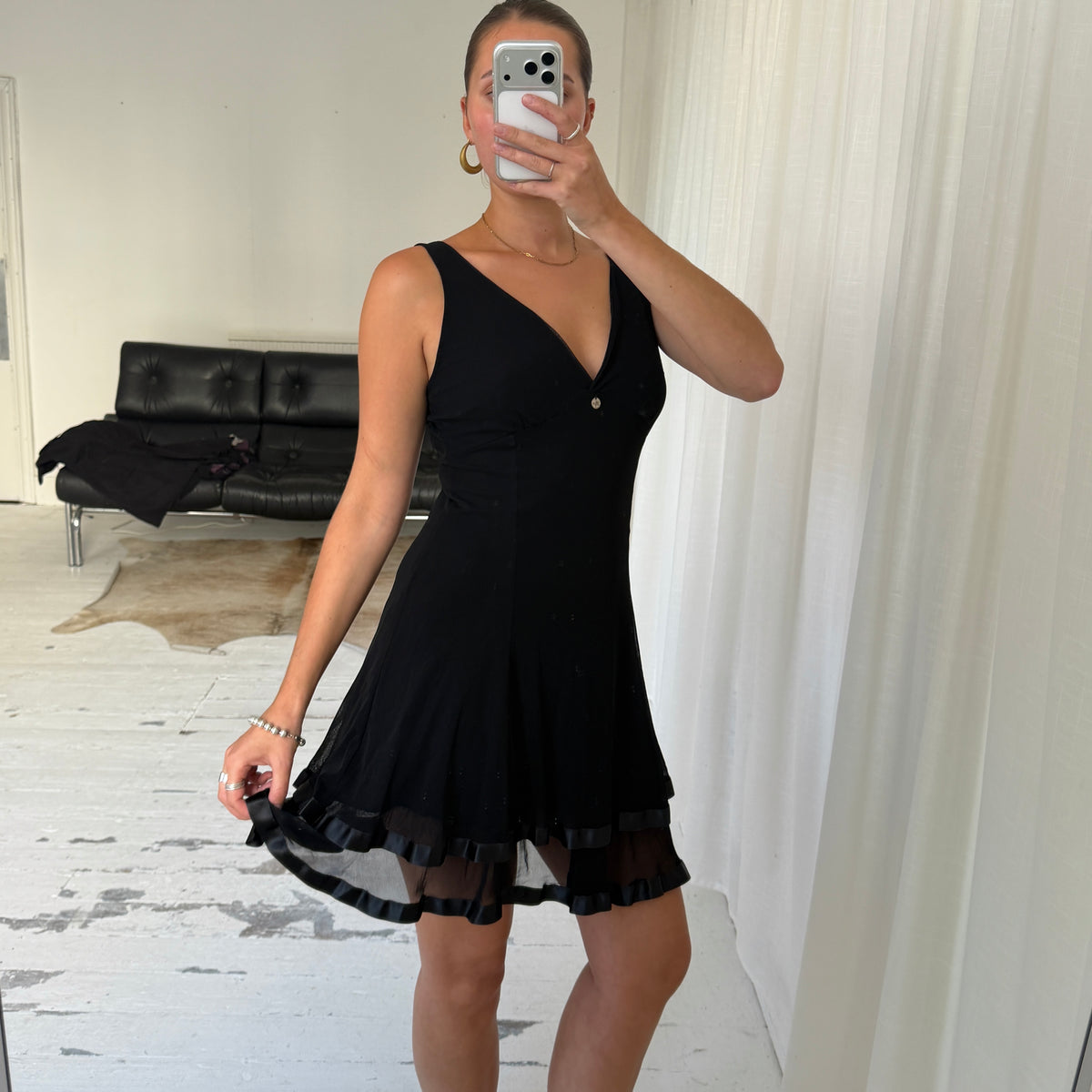 Italian Vintage Black Ruffle Hem Mini Dress