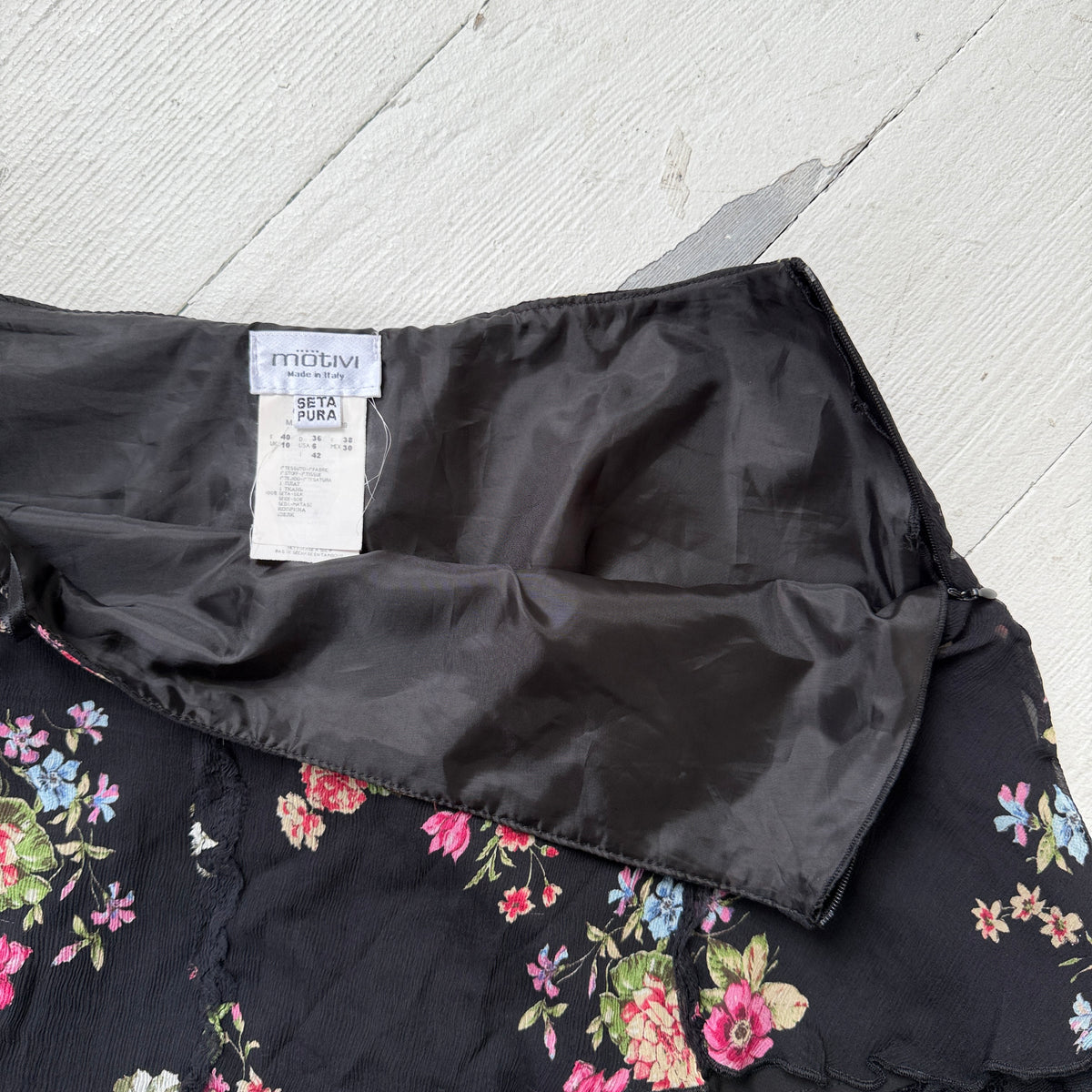 Black Floral Pure Silk Mini Skirt