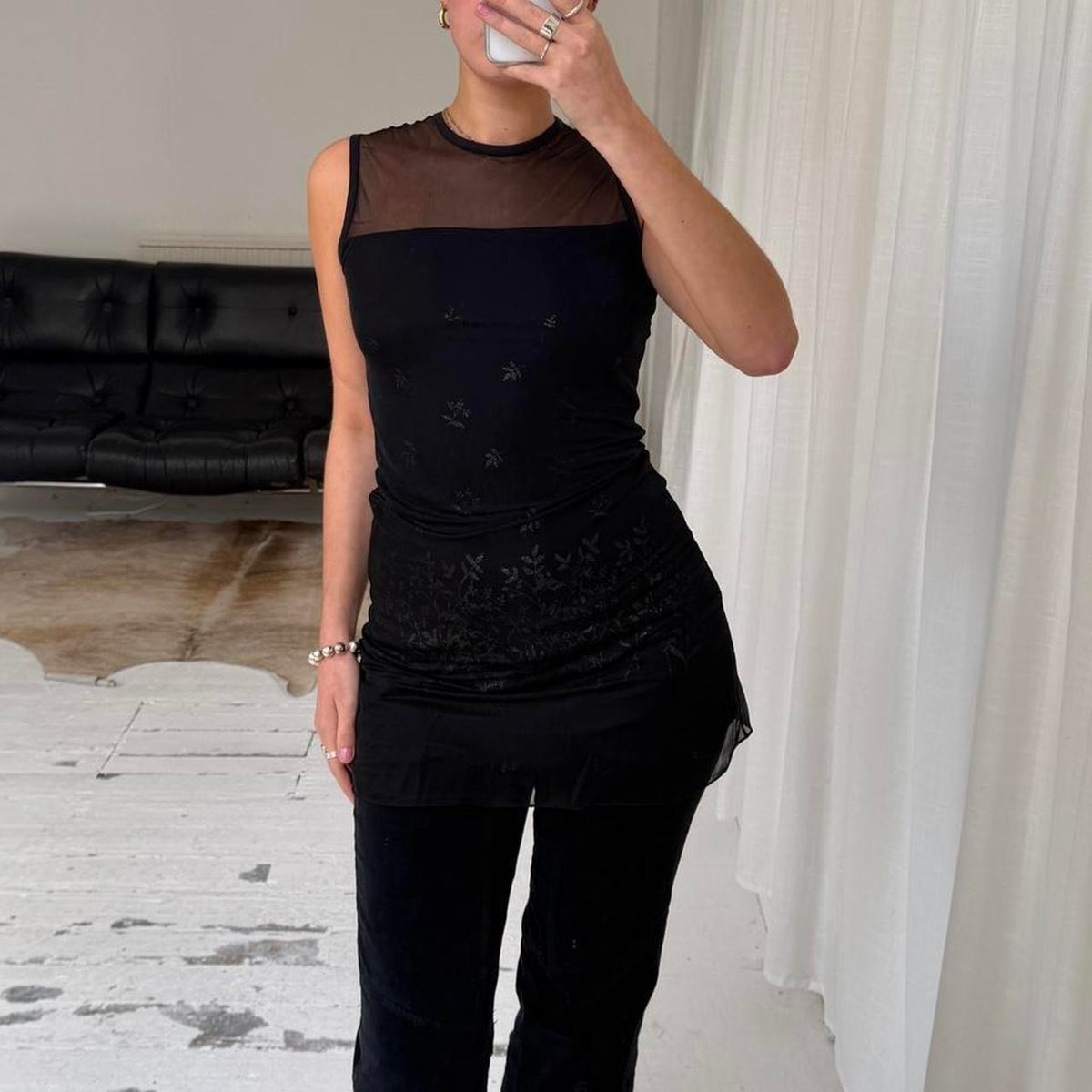 Black Mesh Overlay Mini Dress