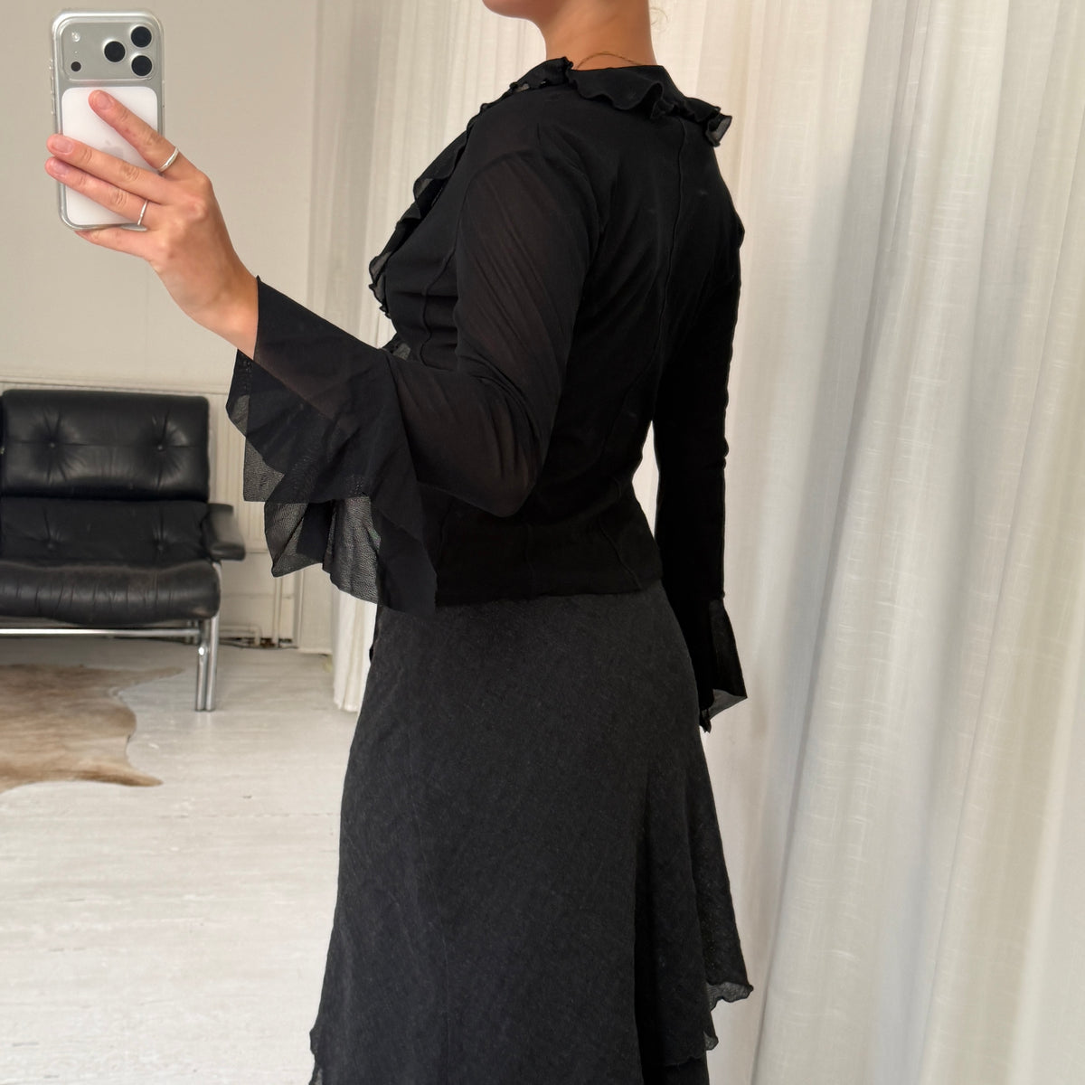 Black Sheer Ruffle Tie Blouse