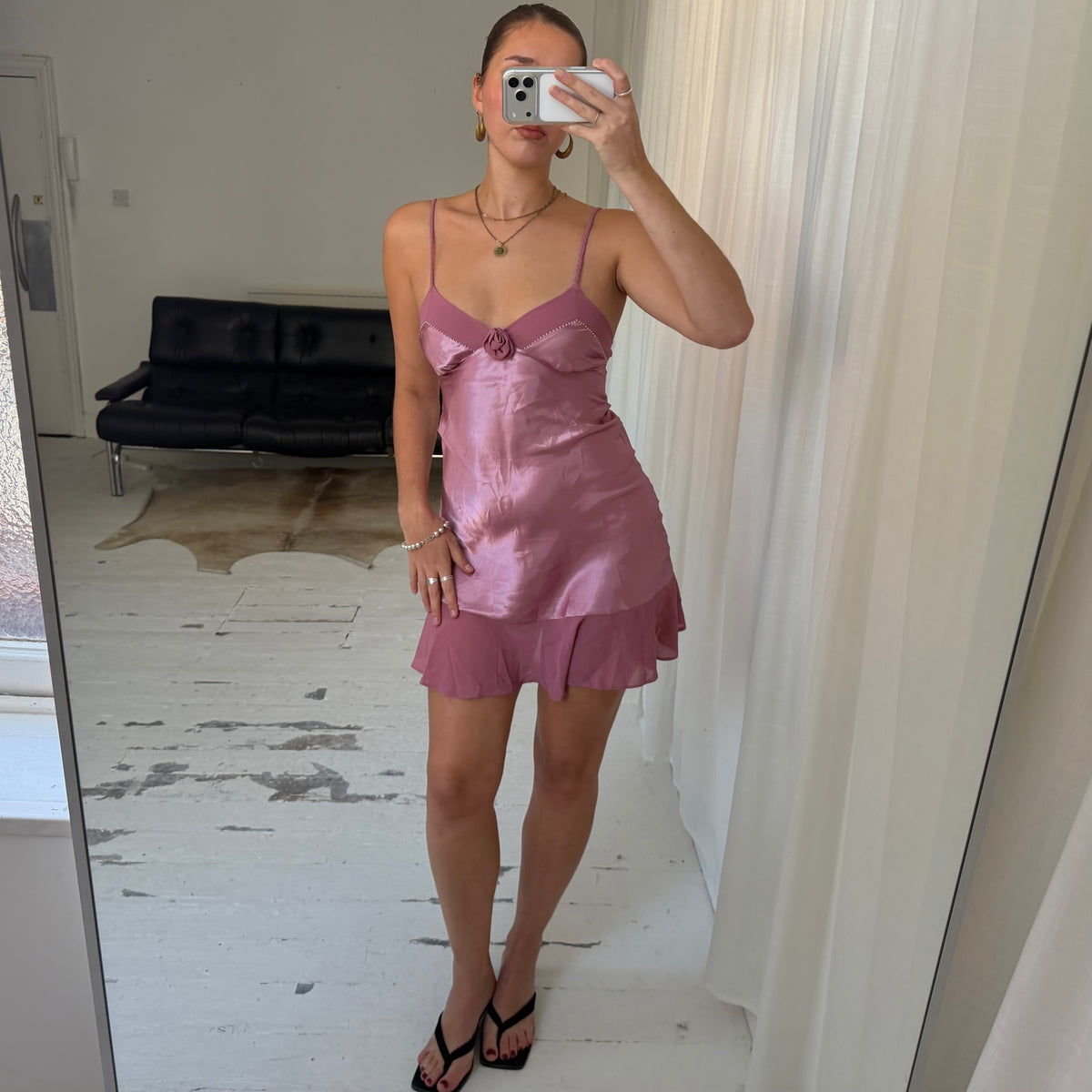 Pink Satin Rosette Mini Slip Dress