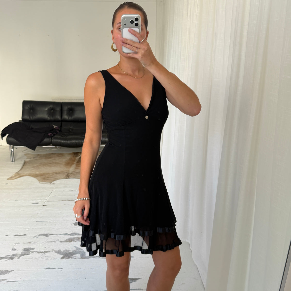 Italian Vintage Black Ruffle Hem Mini Dress