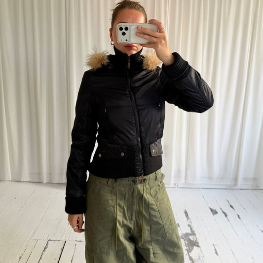 00s Black Nylon Utility Bomber Jacket with Fur Hood