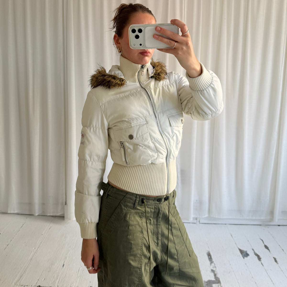 2000s Cream Cropped Puffer Bomber Jacket