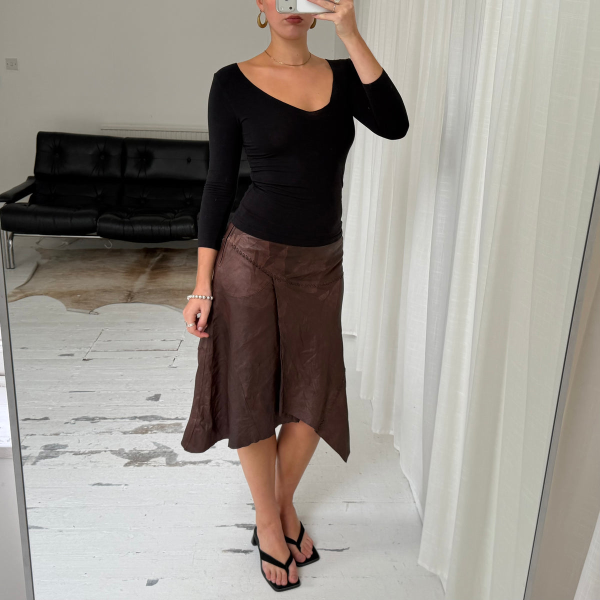 Brown Leather Asymmetric Midi Skirt