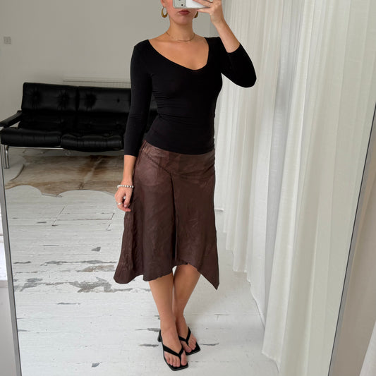 Brown Leather Asymmetric Midi Skirt
