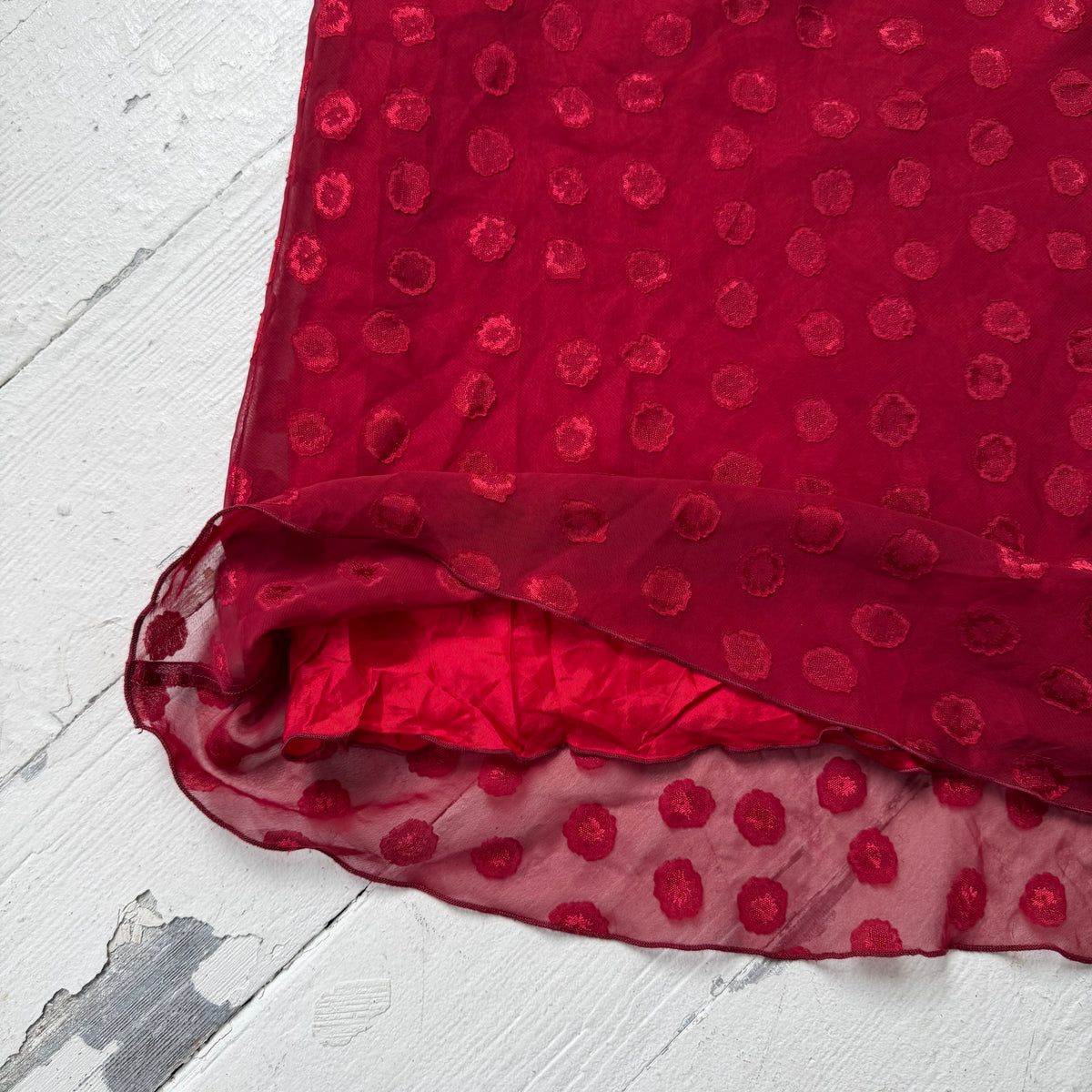 1990s Red Polka Dot Mesh Midi Skirt