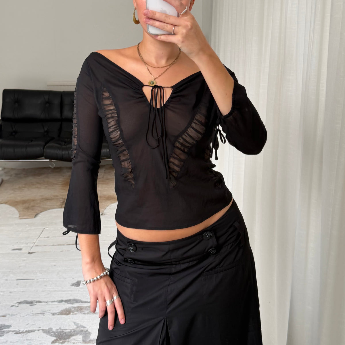 Black Ruched Sheer Mesh Top