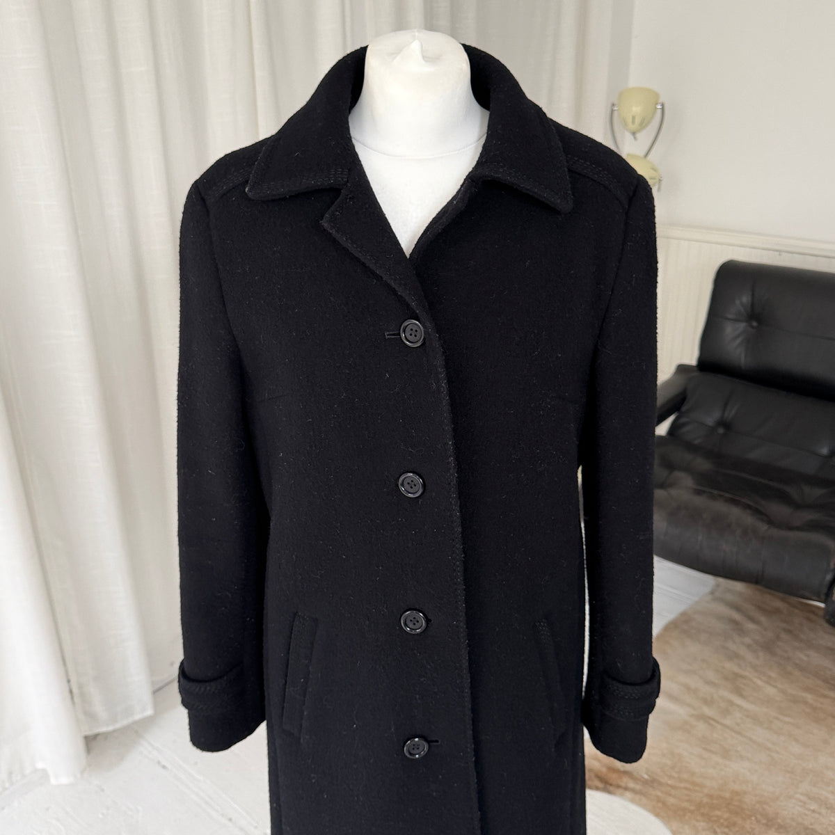 Black Pure New Wool Mid-Length Winter Coat