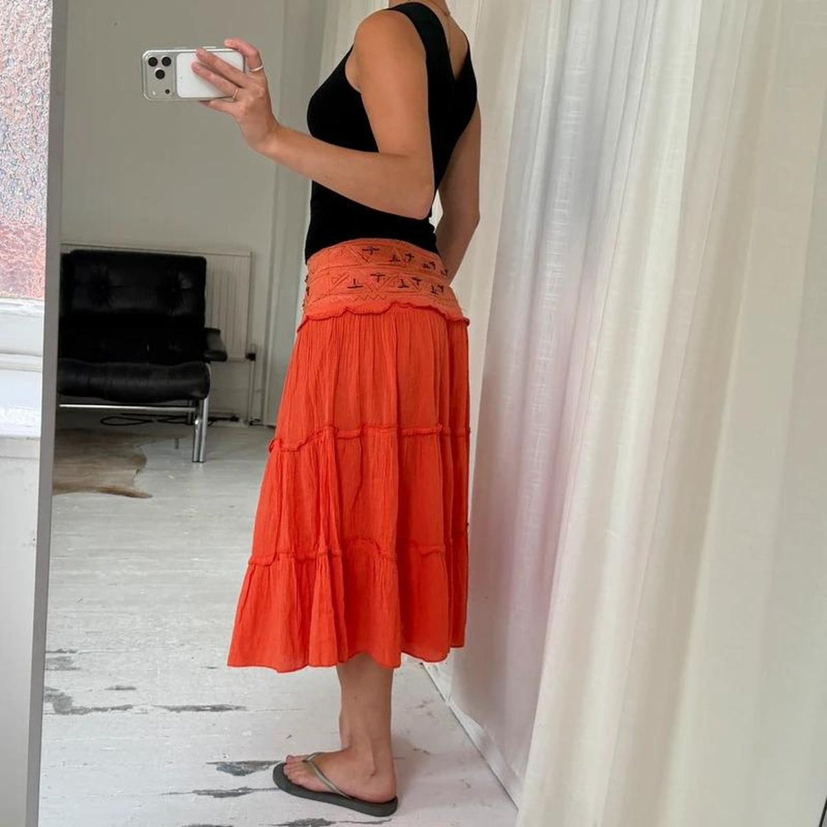 Orange Cotton Tiered Midi Skirt