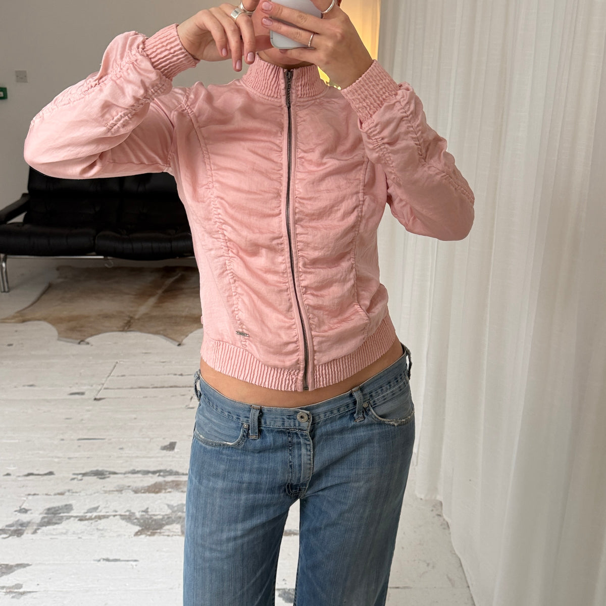 2000s Guess Pink Ruched Bomber Jacket