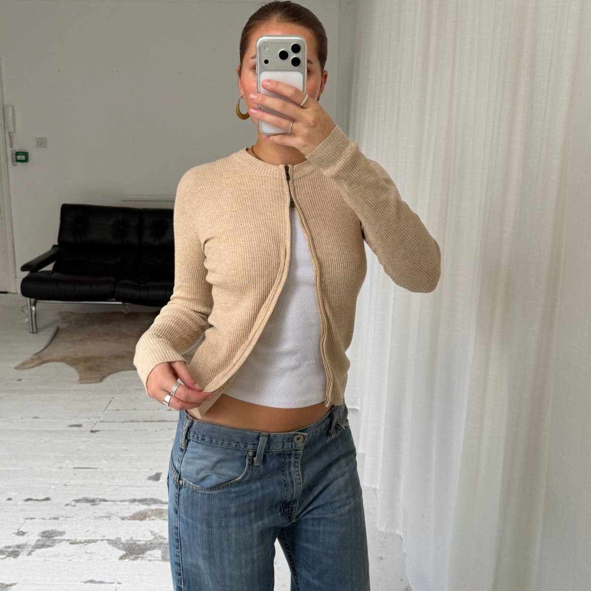 Beige Double Zip Ribbed Cardigan