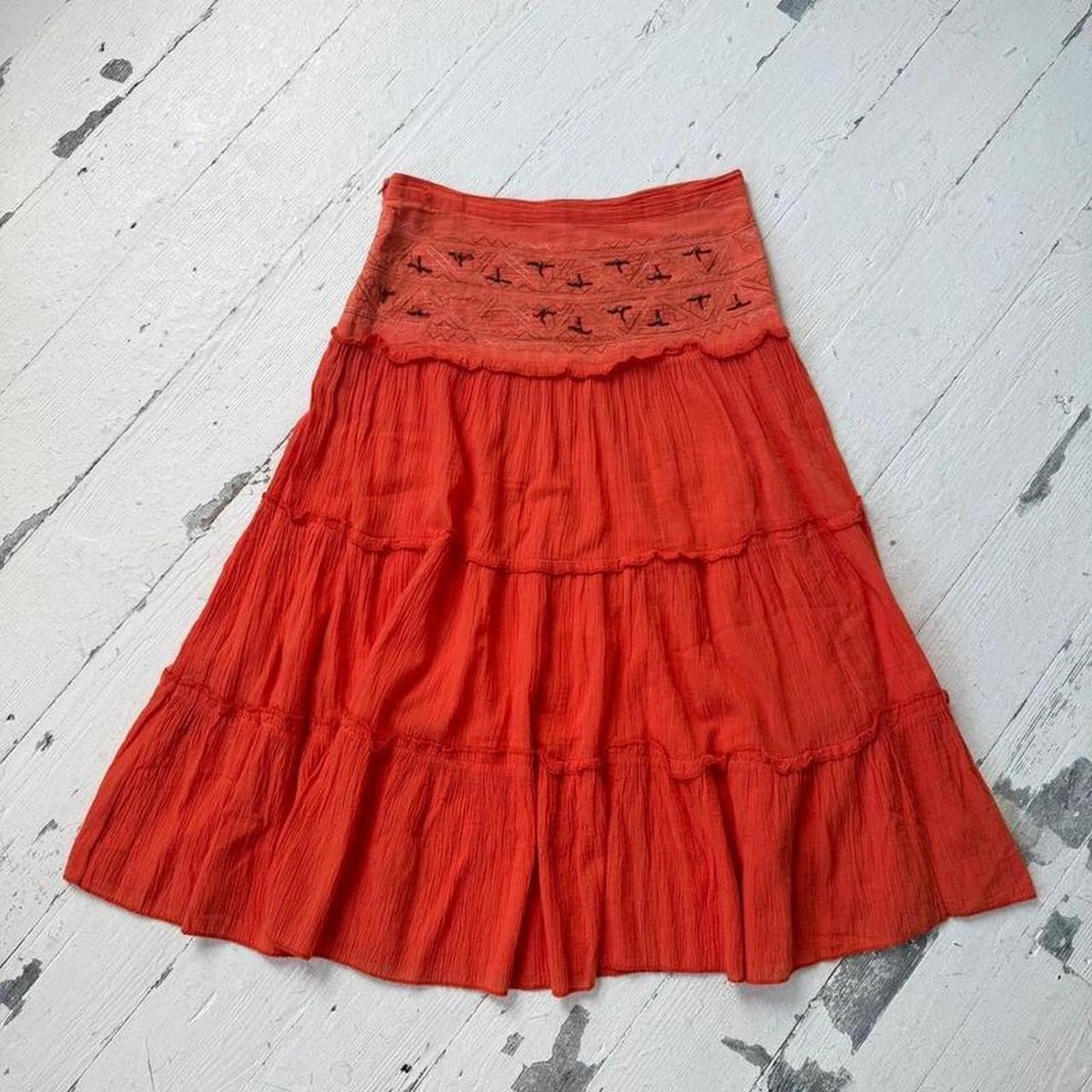 Orange Cotton Tiered Midi Skirt