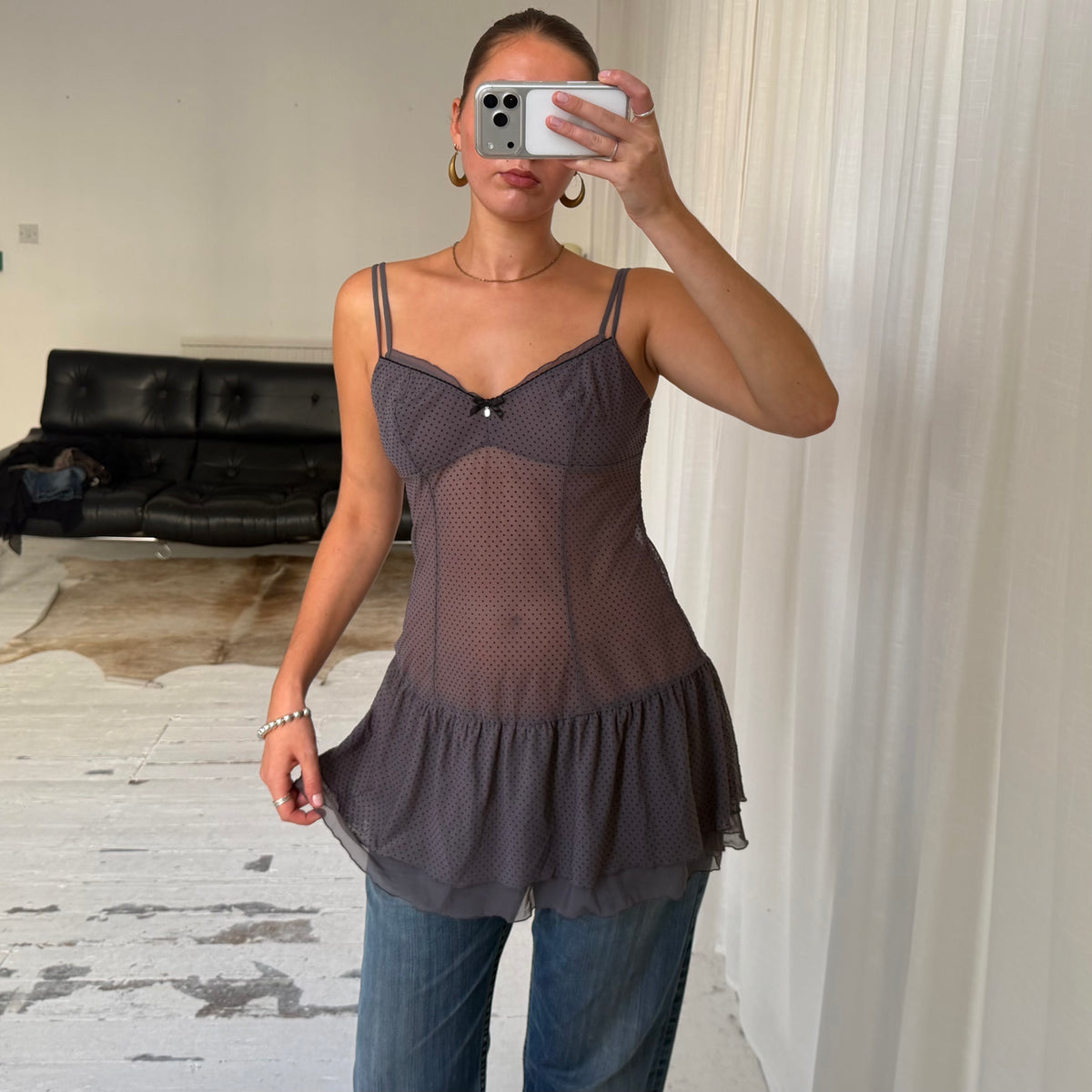 Polka Dot Mesh Babydoll Slip Dress