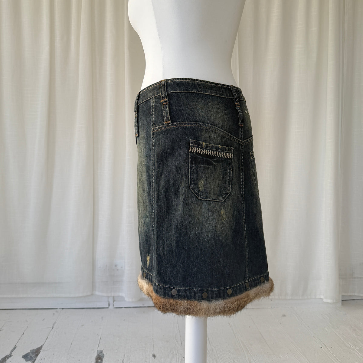 Italian Vintage Denim Fur Trim Midi Skirt