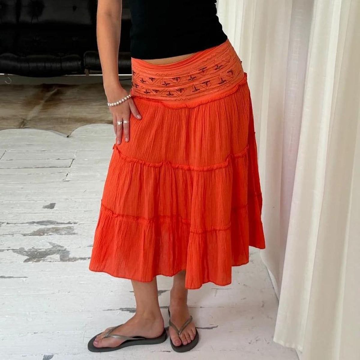 Orange Cotton Tiered Midi Skirt