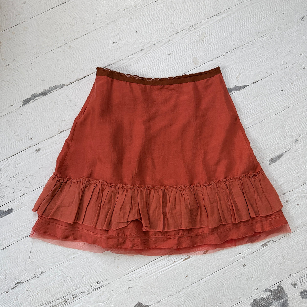 Coral Red Silk Ruffle Midi Skirt