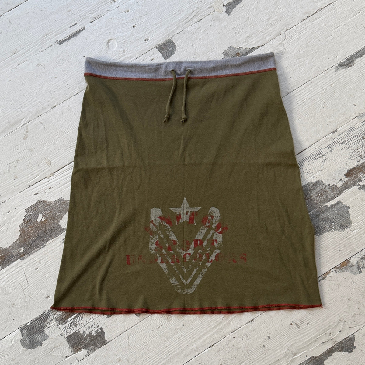 2000s Khaki Green Graphic Jersey Midi Skirt