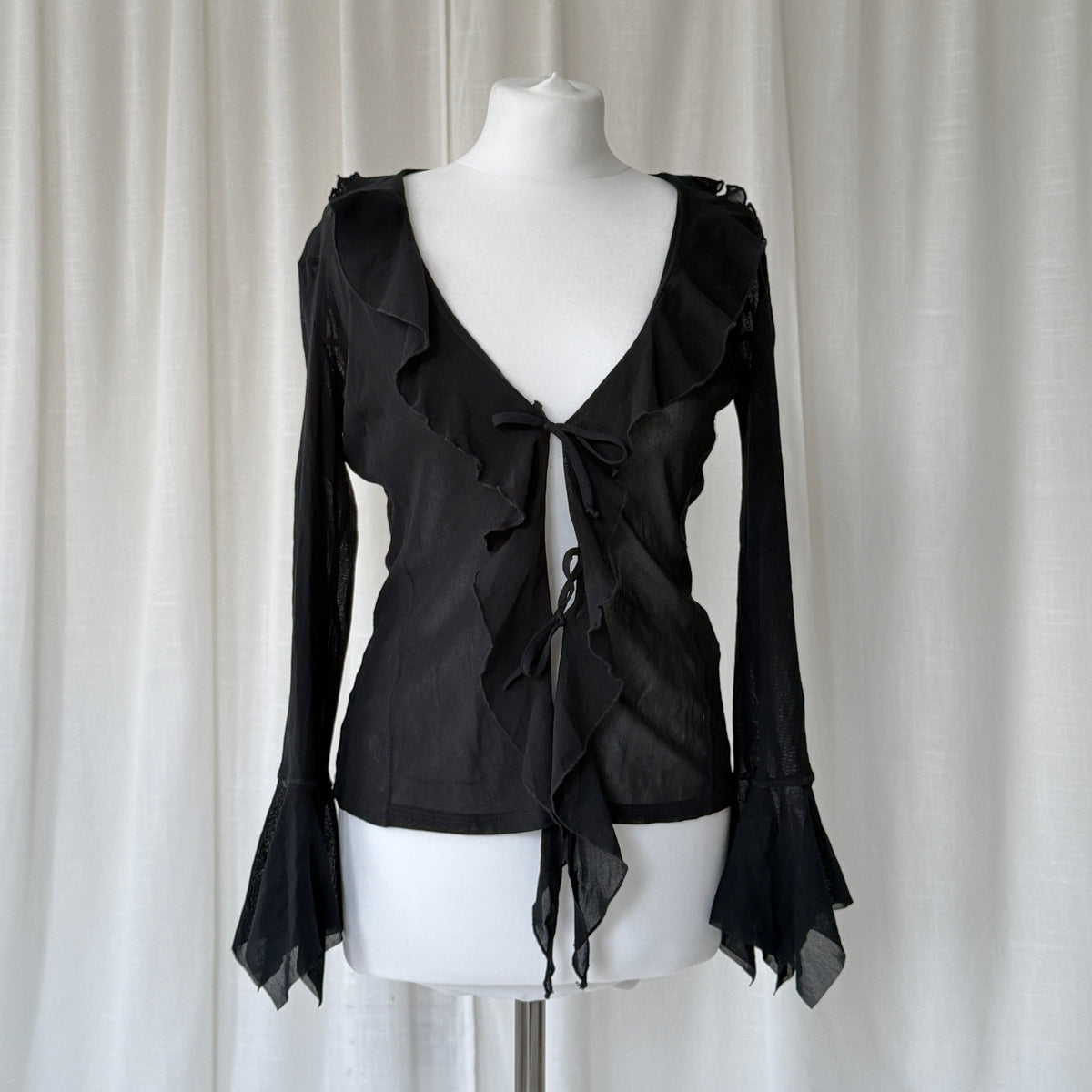 Black Sheer Ruffle Tie Blouse