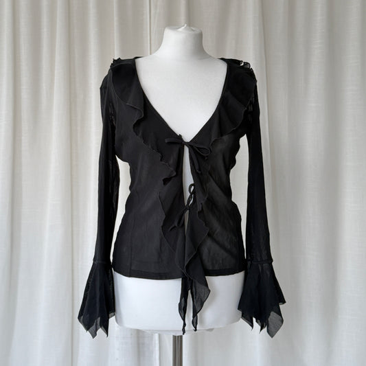 Black Sheer Ruffle Tie Blouse
