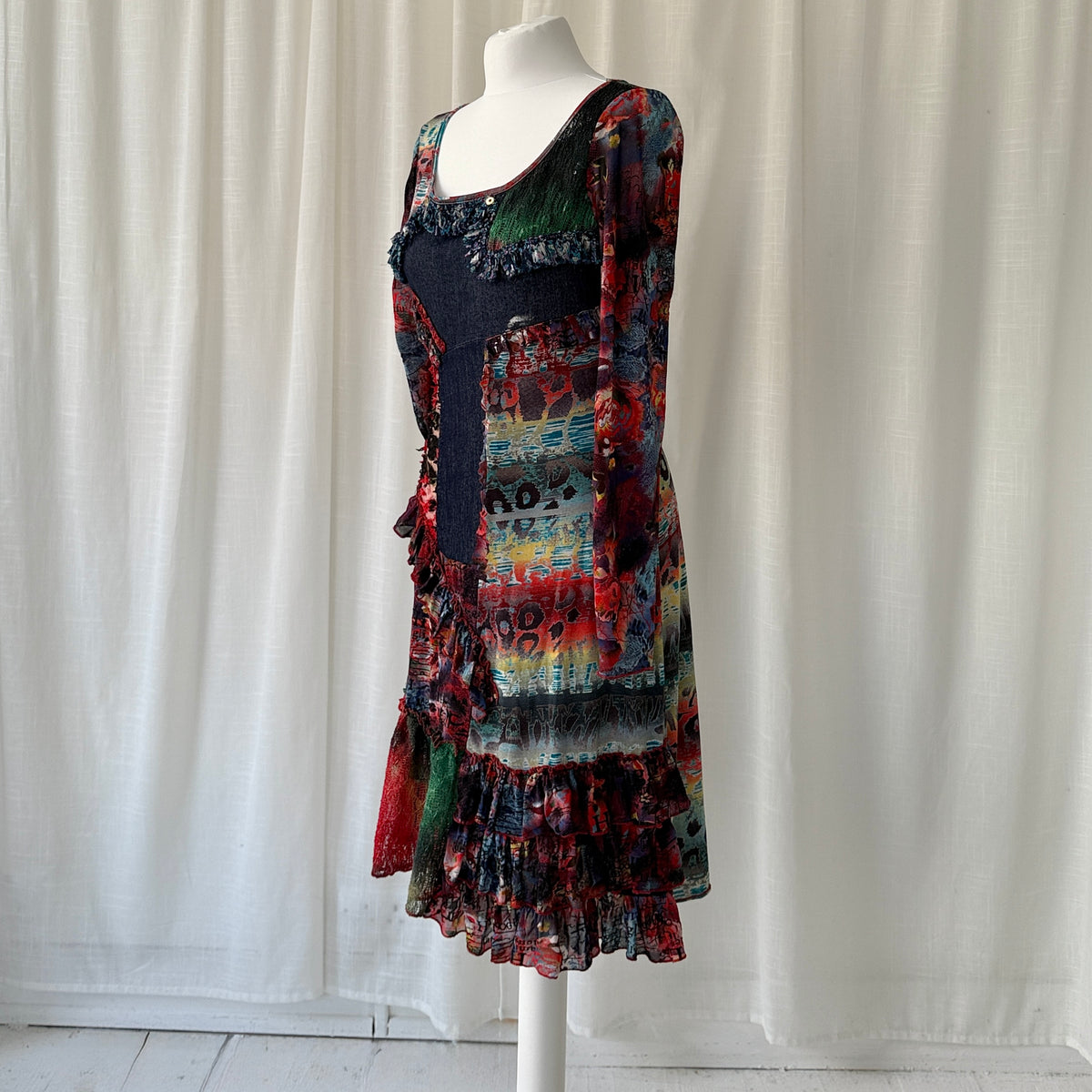 Multicolour Patchwork Mesh Ruffle Midi Dress