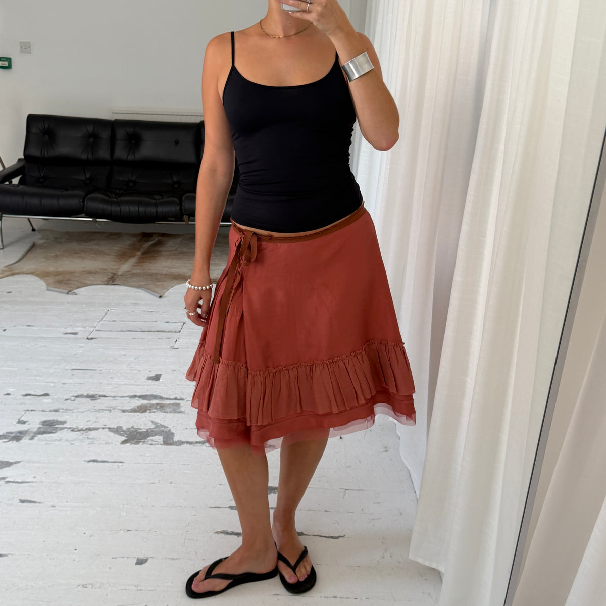 Coral Red Silk Ruffle Midi Skirt
