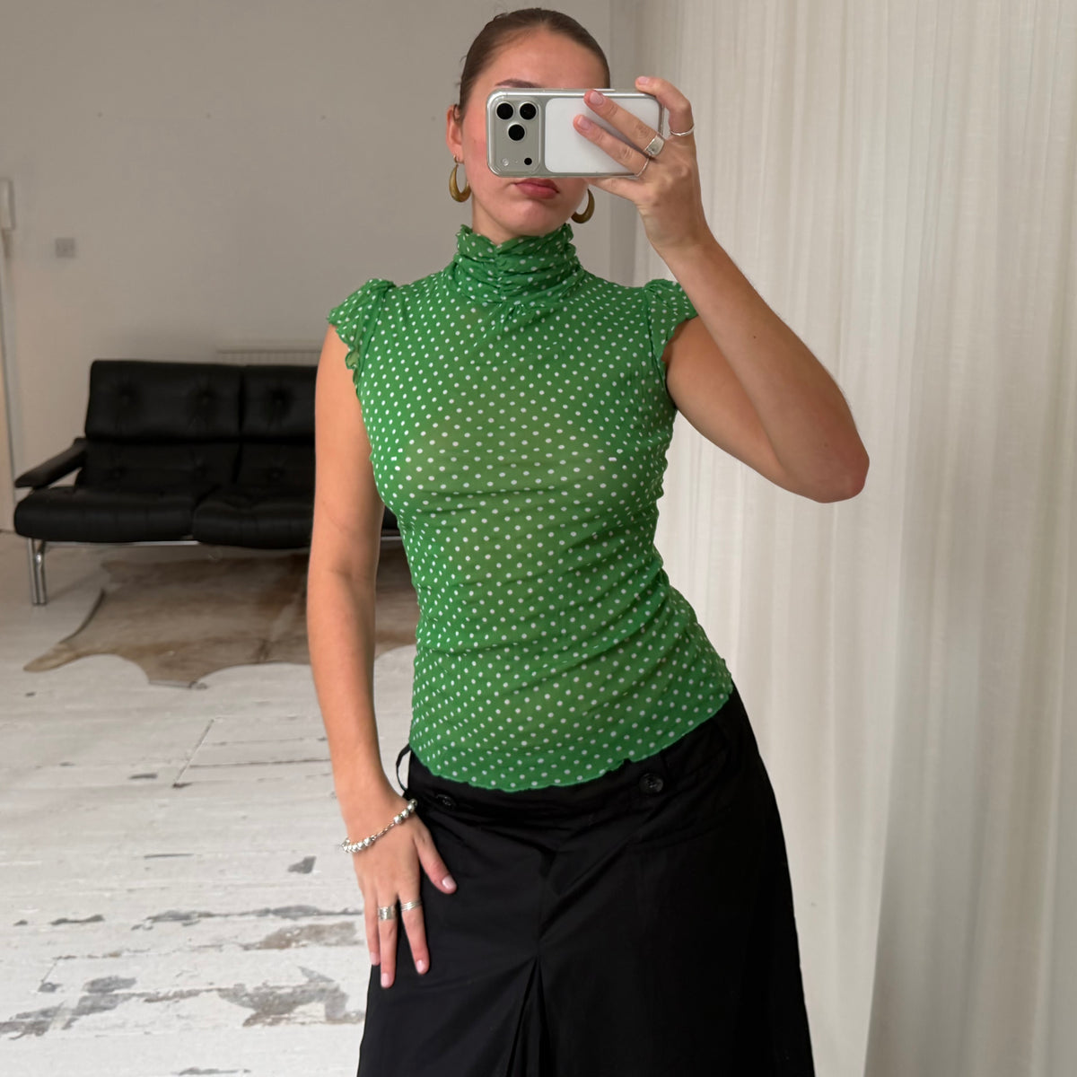 Green Polkadot High Neck Mesh Top