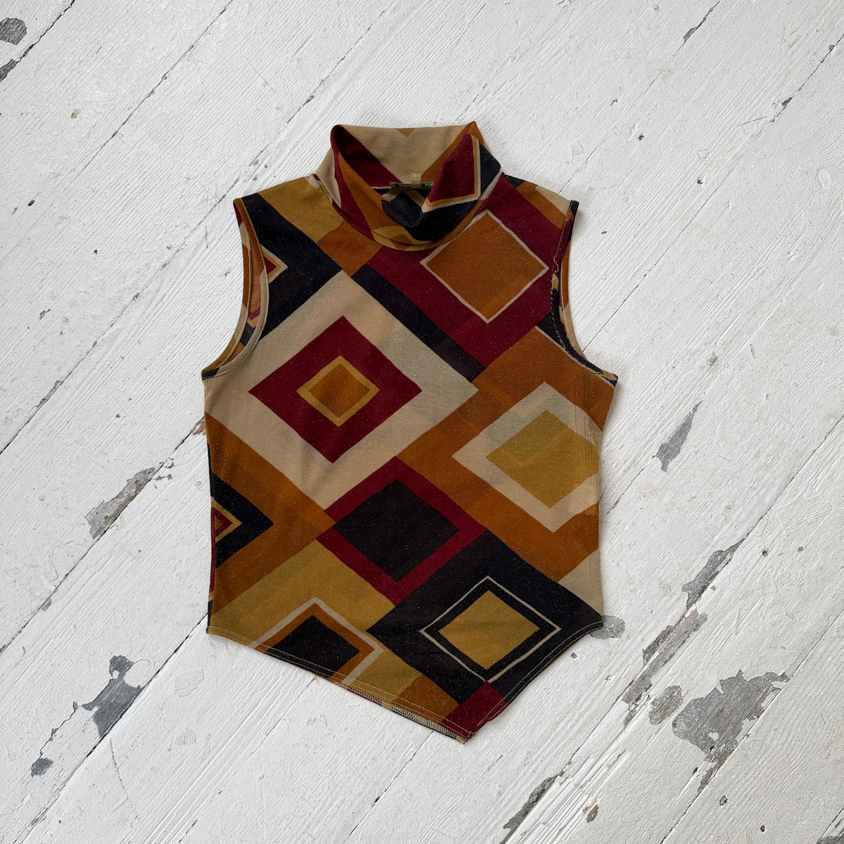 Italian Vintage Geometric Mesh High Neck Top