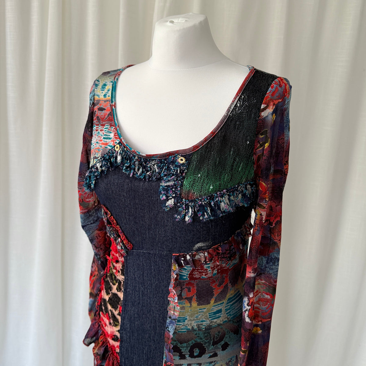 Multicolour Patchwork Mesh Ruffle Midi Dress
