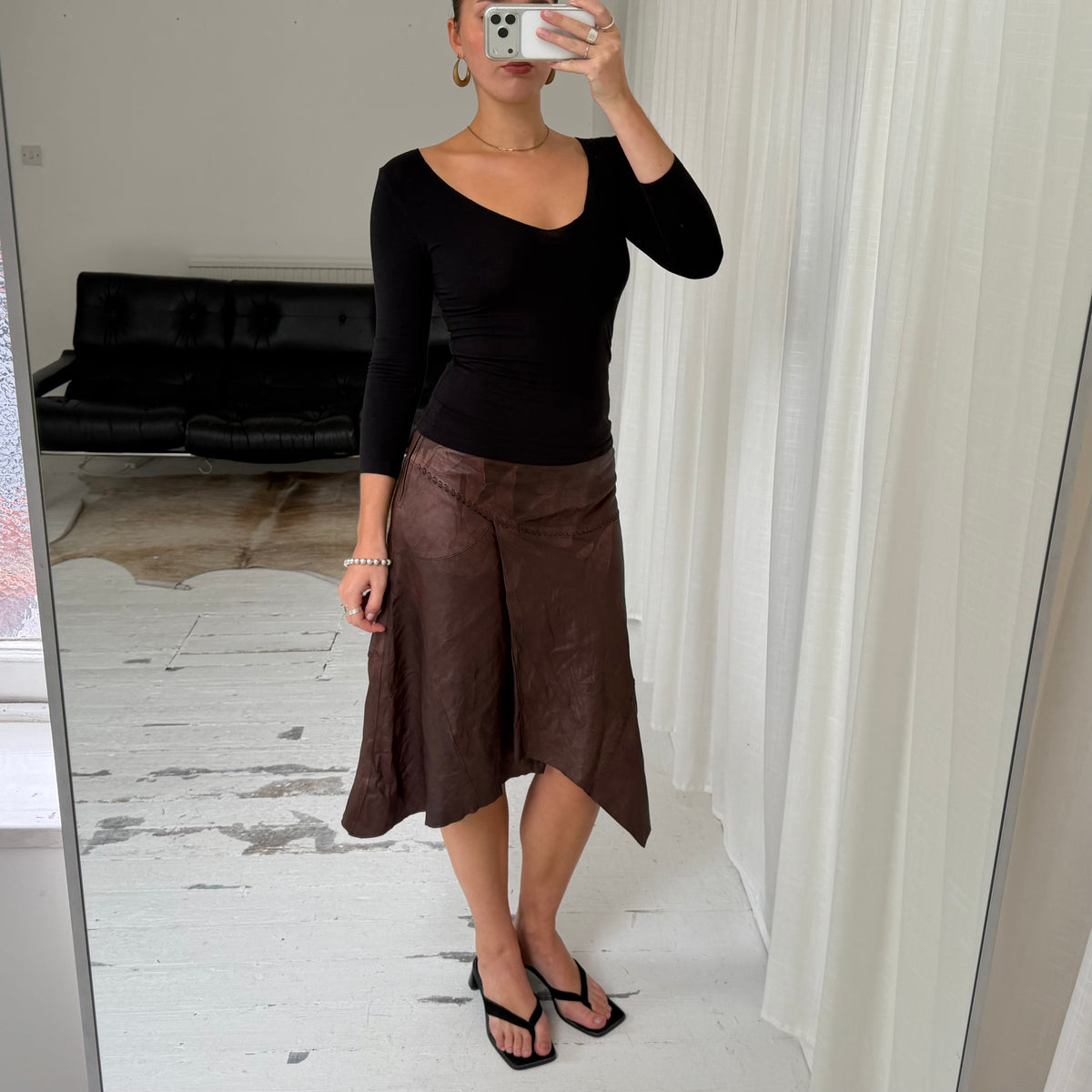 Brown Leather Asymmetric Midi Skirt
