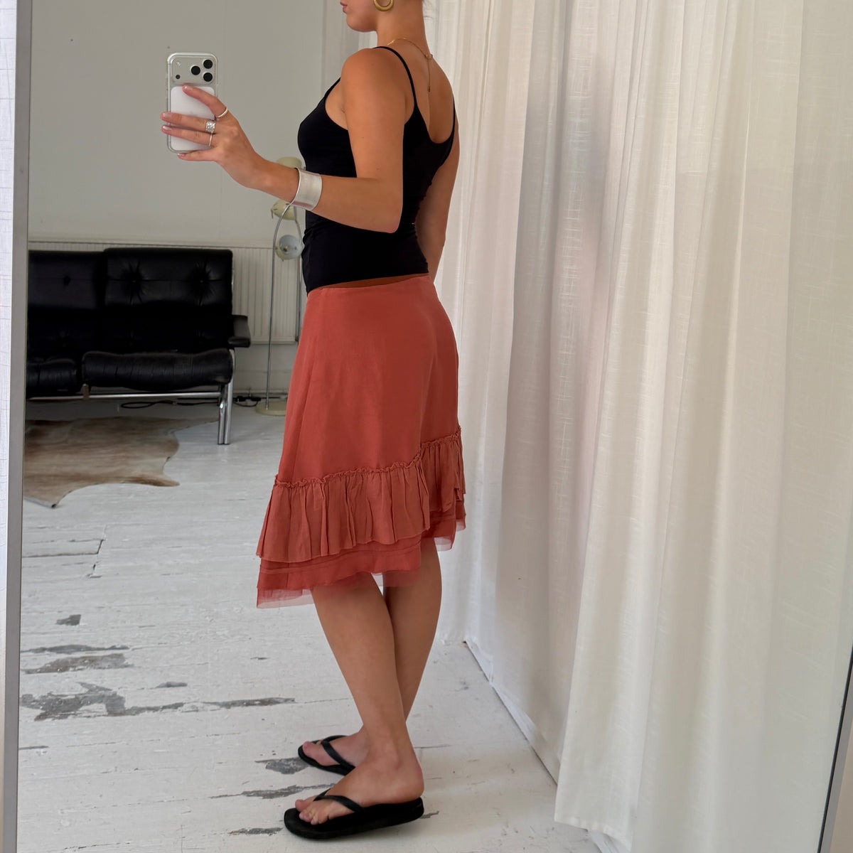 Coral Red Silk Ruffle Midi Skirt