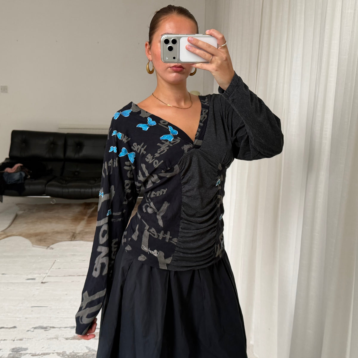 Desigual Graphic Ruched V-Neck Top