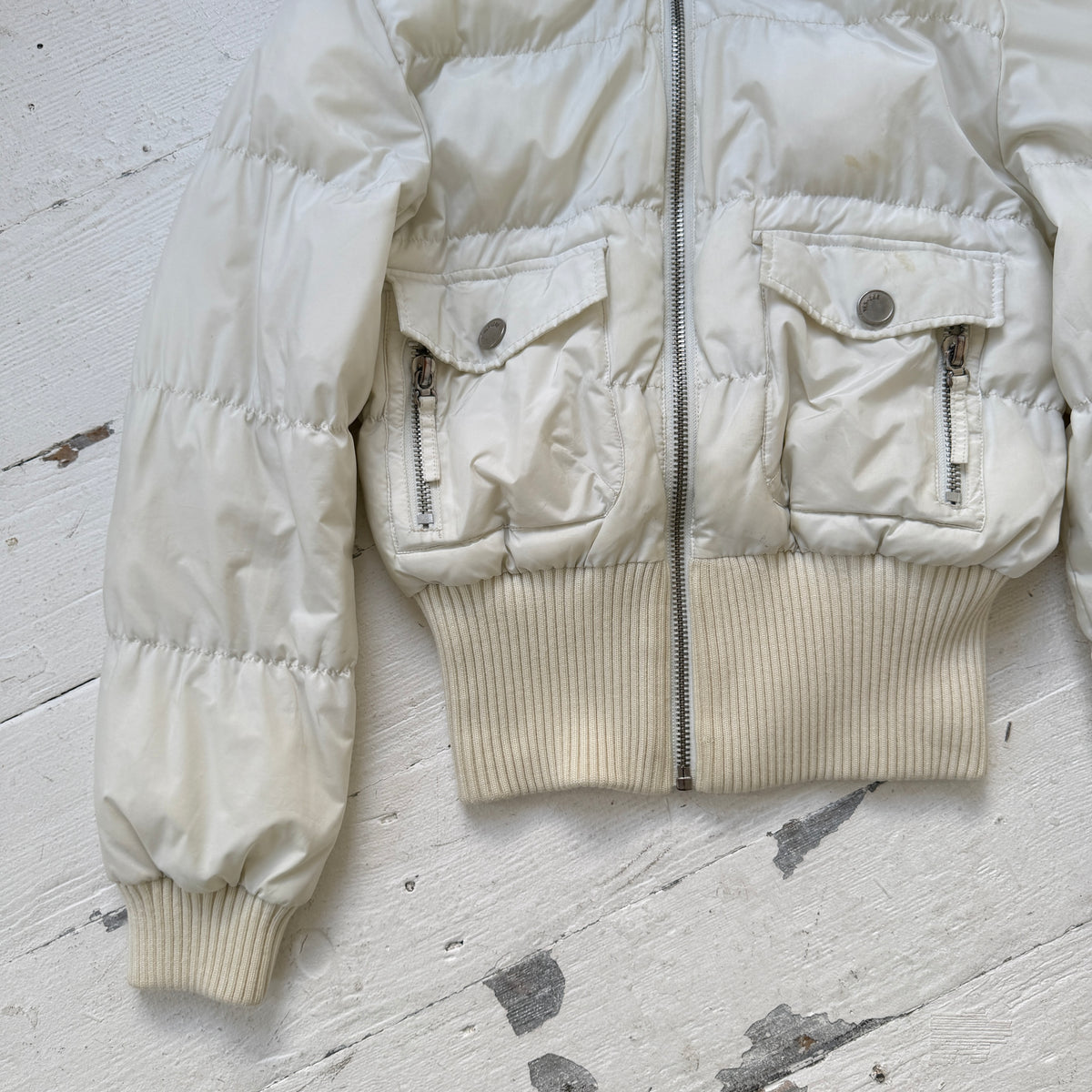 2000s Cream Cropped Puffer Bomber Jacket