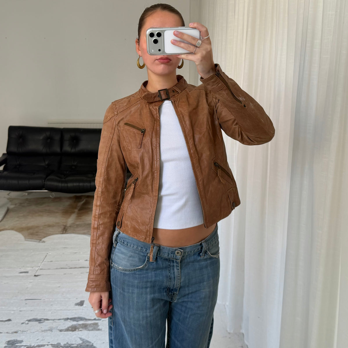 Tan Brown Leather Utility Biker Jacket