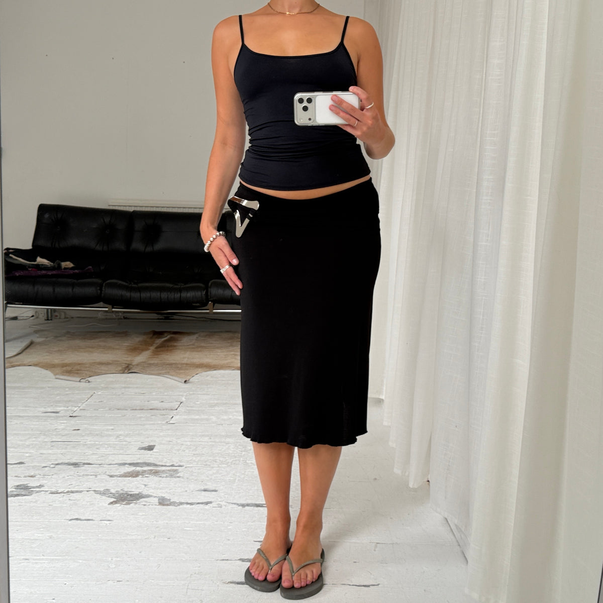 Black Silver Hardware Midi Skirt