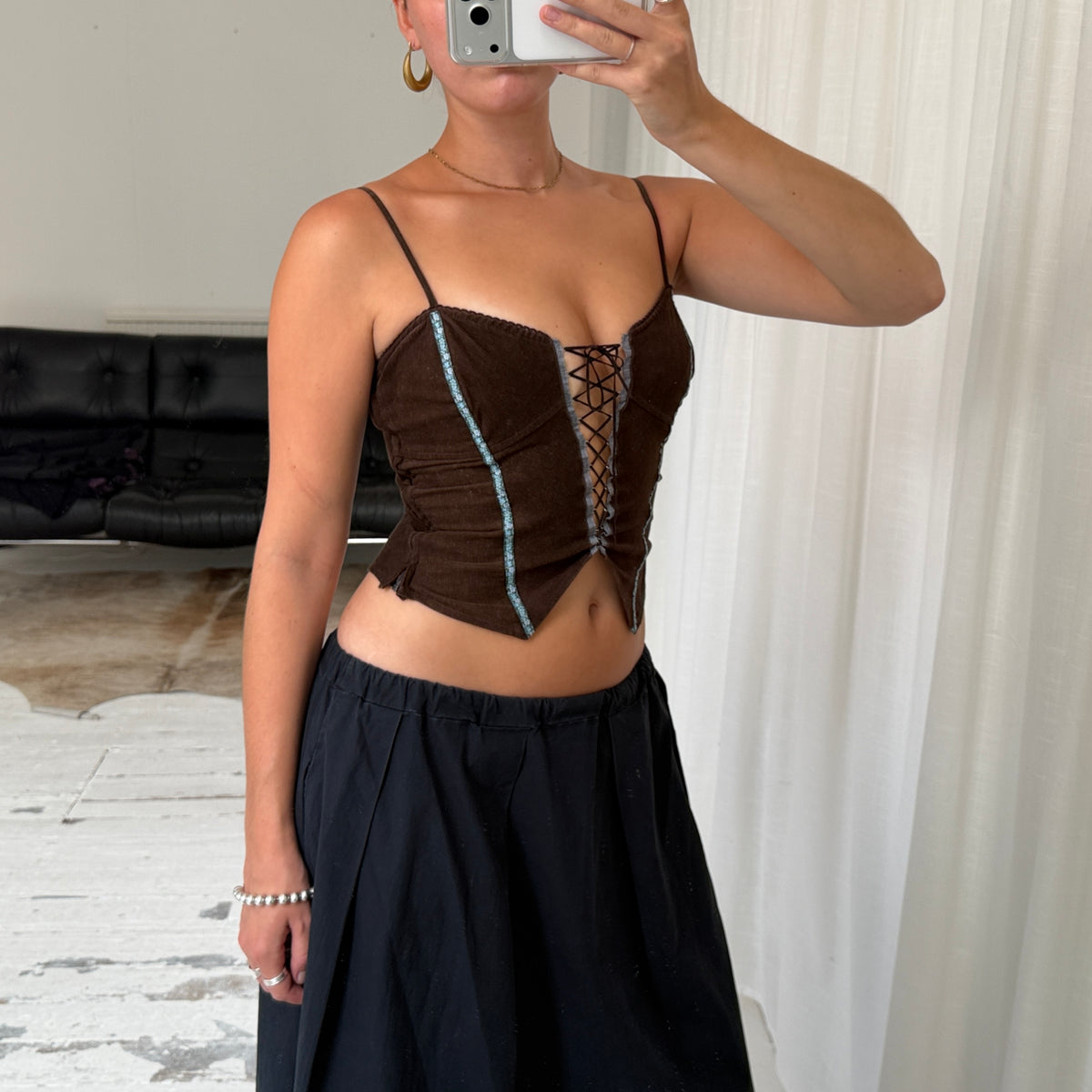 Brown Corduroy Lace-Up Corset Top