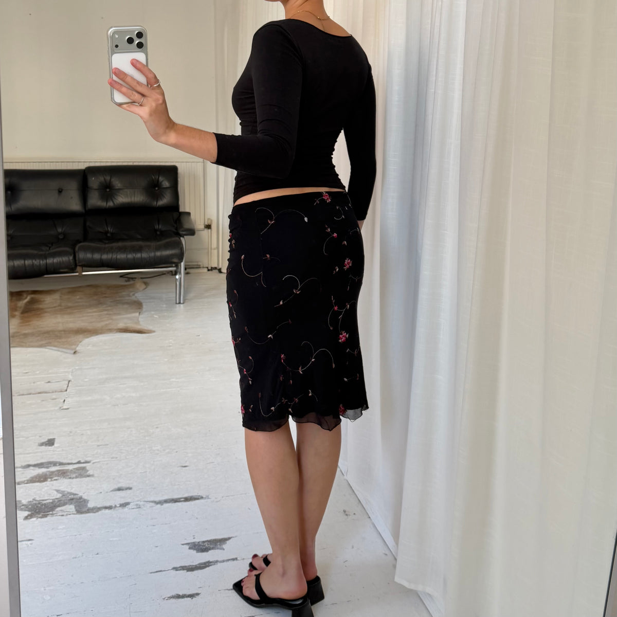 1990s Floral Embroidered Mesh Midi Skirt