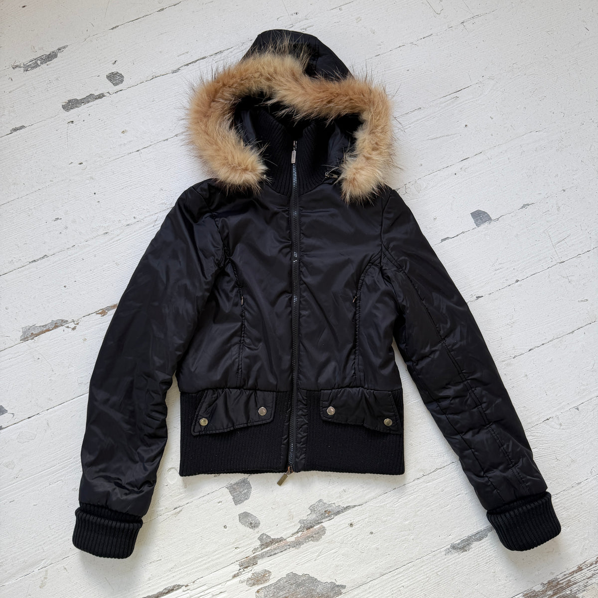 00s Black Nylon Utility Bomber Jacket with Fur Hood