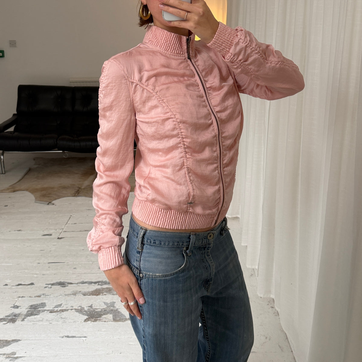 2000s Guess Pink Ruched Bomber Jacket