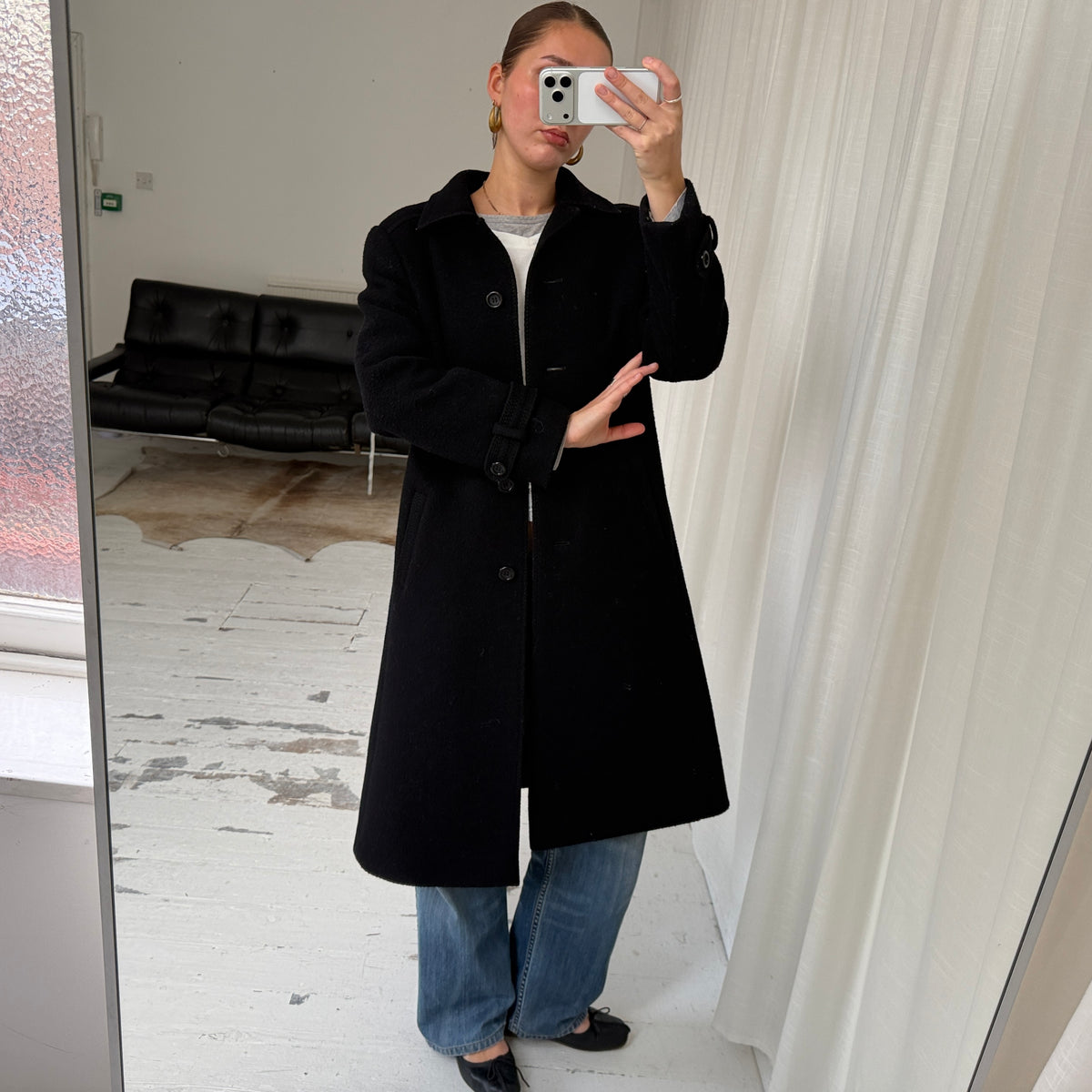 Black Pure New Wool Mid-Length Winter Coat
