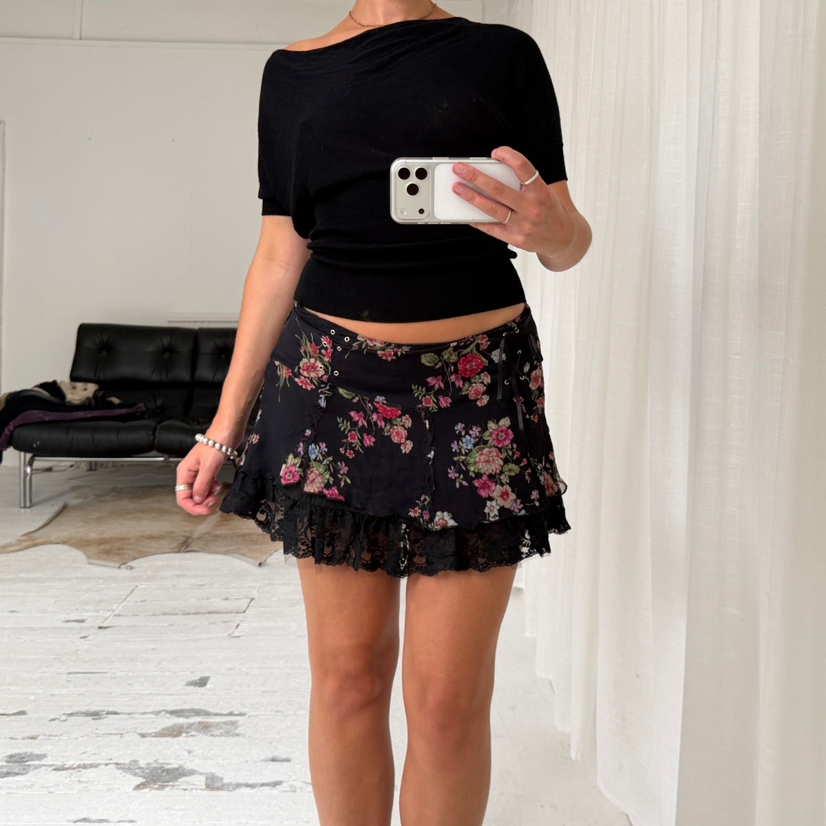 Black Floral Pure Silk Mini Skirt