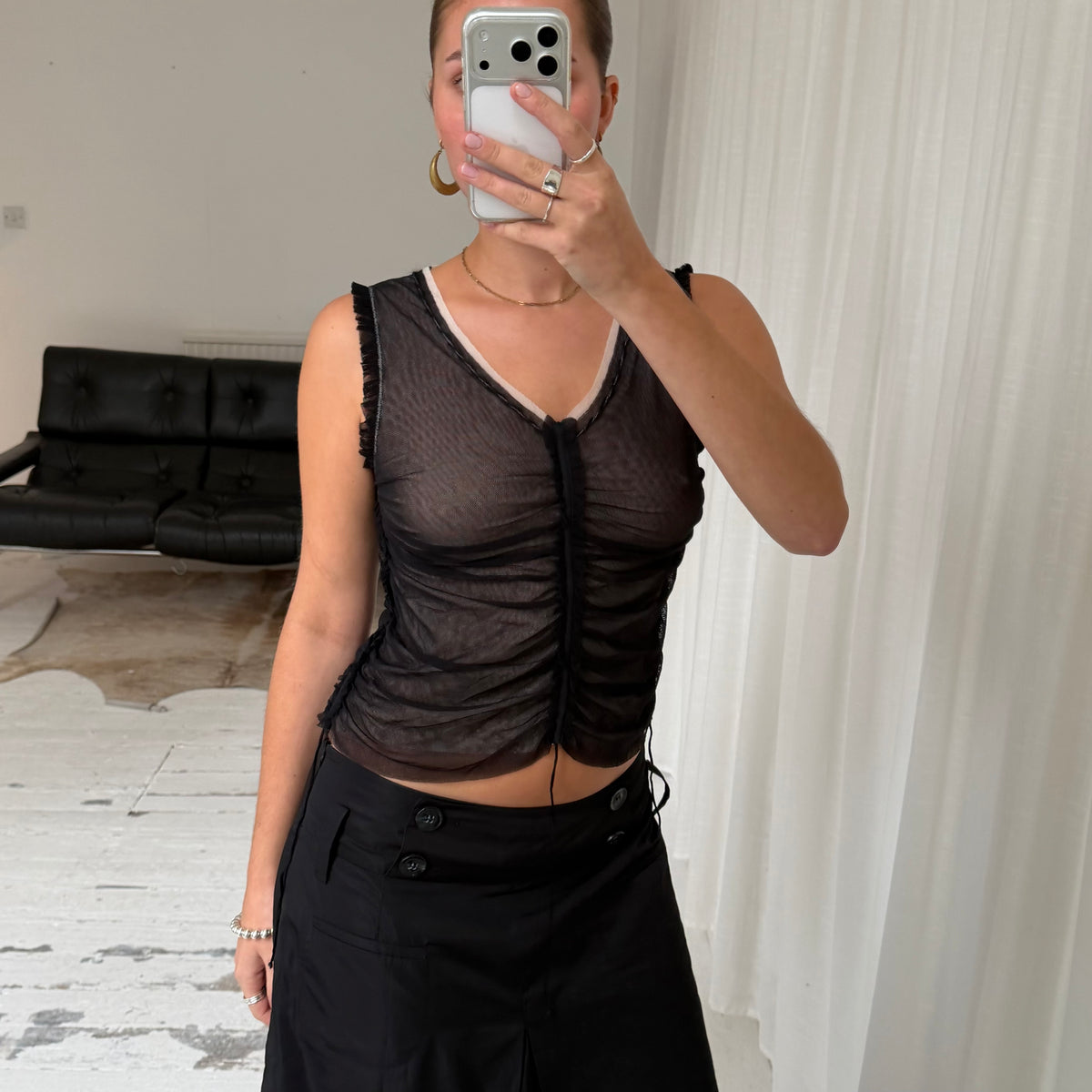 2000s Ruched Layered Mesh Top